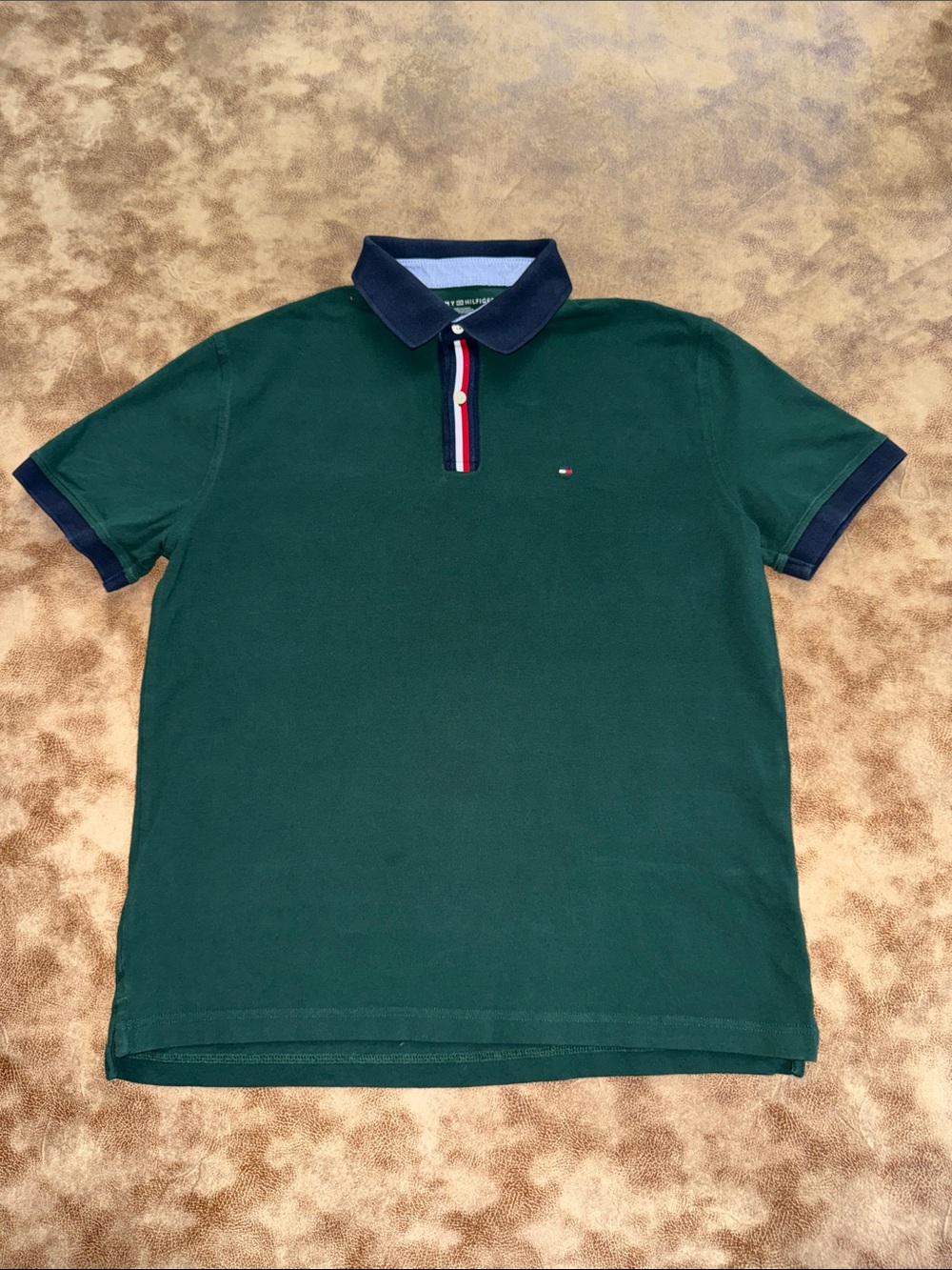 Tommy Hilfiger Men’s Large Green Navy Trim Flag Polo Shirt